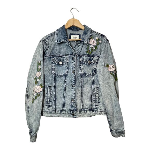 Forever 21 Acid Wash Floral Embroidered Jean Jacket Medium Y2K 90s Blue Pink - Picture 1 of 4